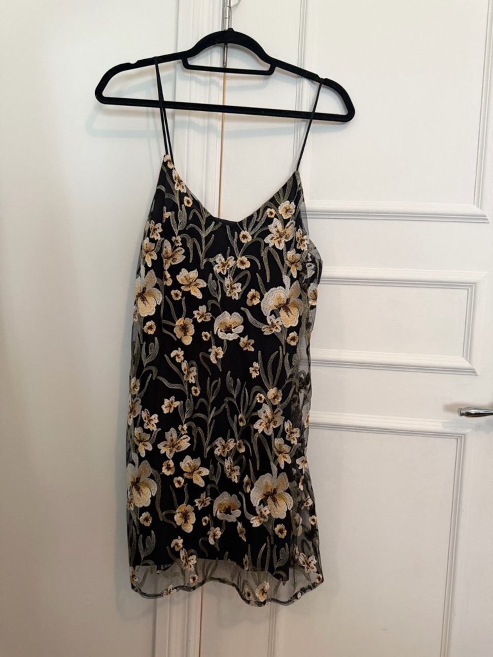Little Moon Black Slip Dress with Gold and Cream Floral Embroidery